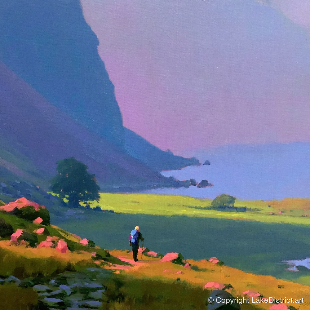 Lone Hiker Beneath Indigo Fells - lake district walking art print and canvas by Edmund Thatcher A.I