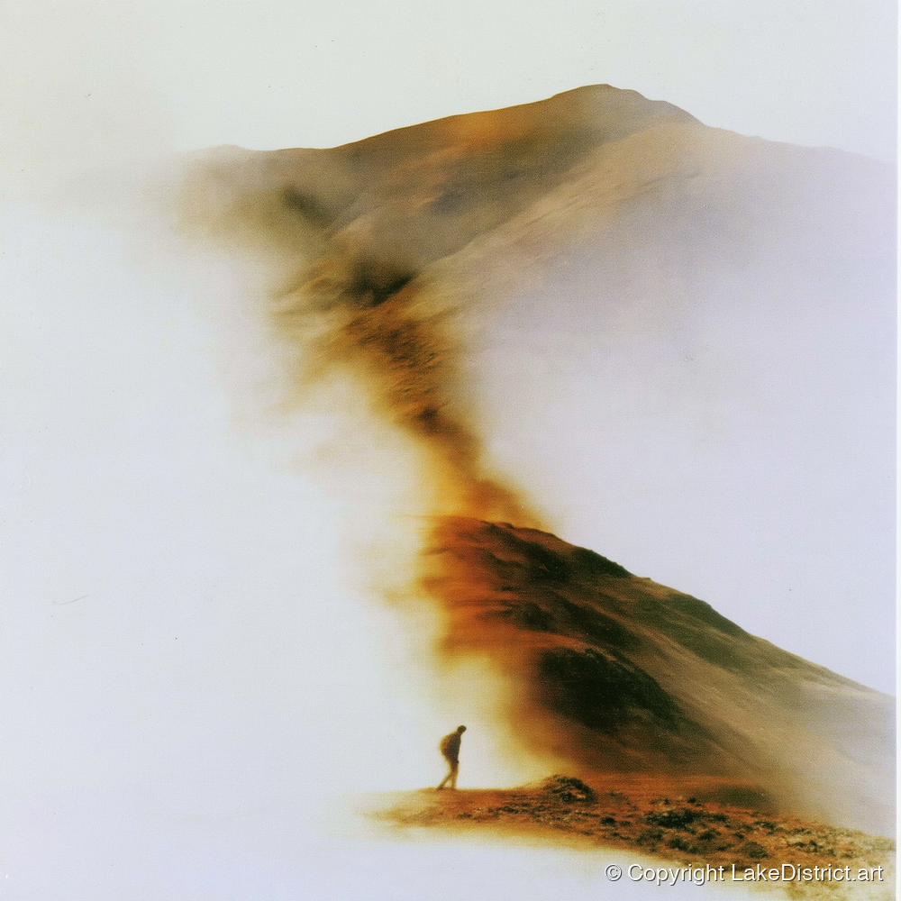 Lone Hiker in Copper Mist - lake district walking art print and canvas by George Weston A.I