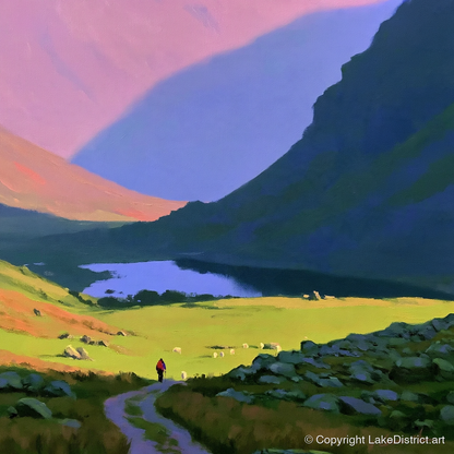 Lone Hiker in Vibrant Fells - lake district walking art print and canvas by Edmund Thatcher A.I