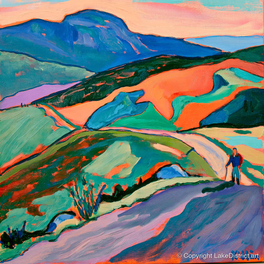 Lone Hiker on Colourful Fells - lake district walking art print and canvas by Gideon Wright A.I