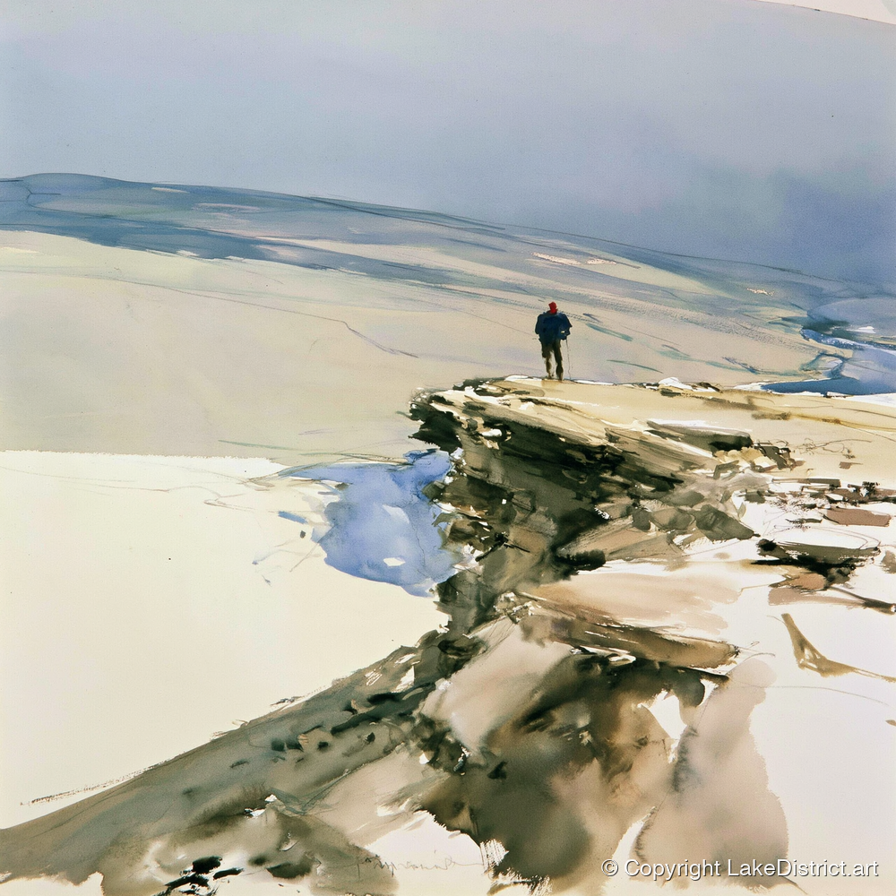 Lone Hiker on Fell Edge - lake district walking art print and canvas by Beatrice Langley A.I