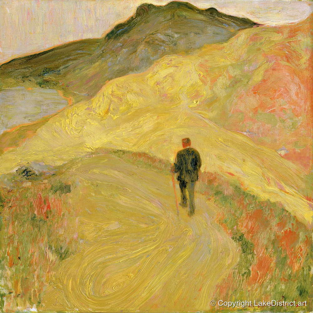 Lone Hiker on Golden Fells - lake district walking art print and canvas by Benedict Hale A.I