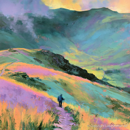 Lone Hiker on Pastel Fells - lake district walking art print and canvas by Desmond Fairfax A.I