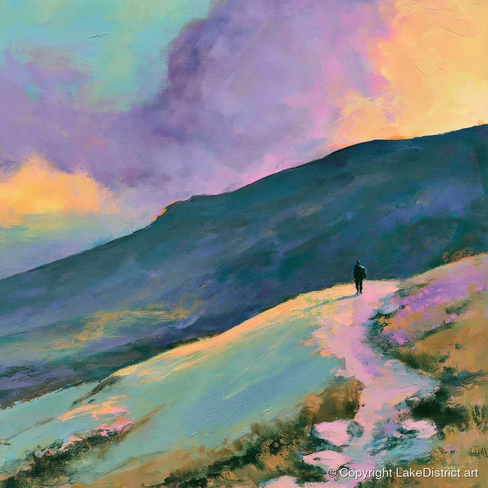 Lone Hiker Under Pastel Skies - lake district walking art print and canvas by Desmond Fairfax A.I