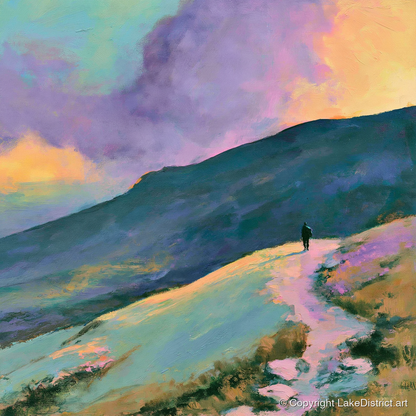 Lone Hiker Under Pastel Skies - lake district walking art print and canvas by Desmond Fairfax A.I