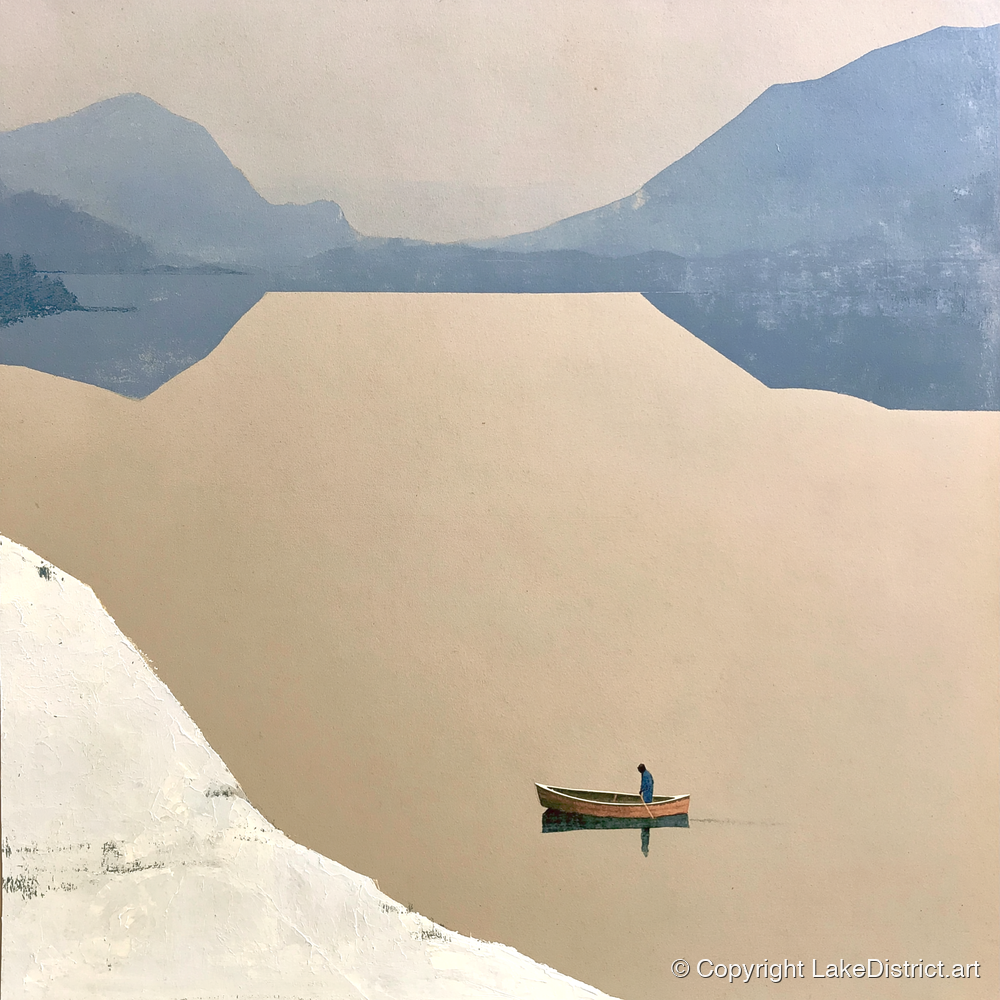 Lone Rower on an Ochre Lake - lake district lake art print and canvas by Phillip Marbury A.I