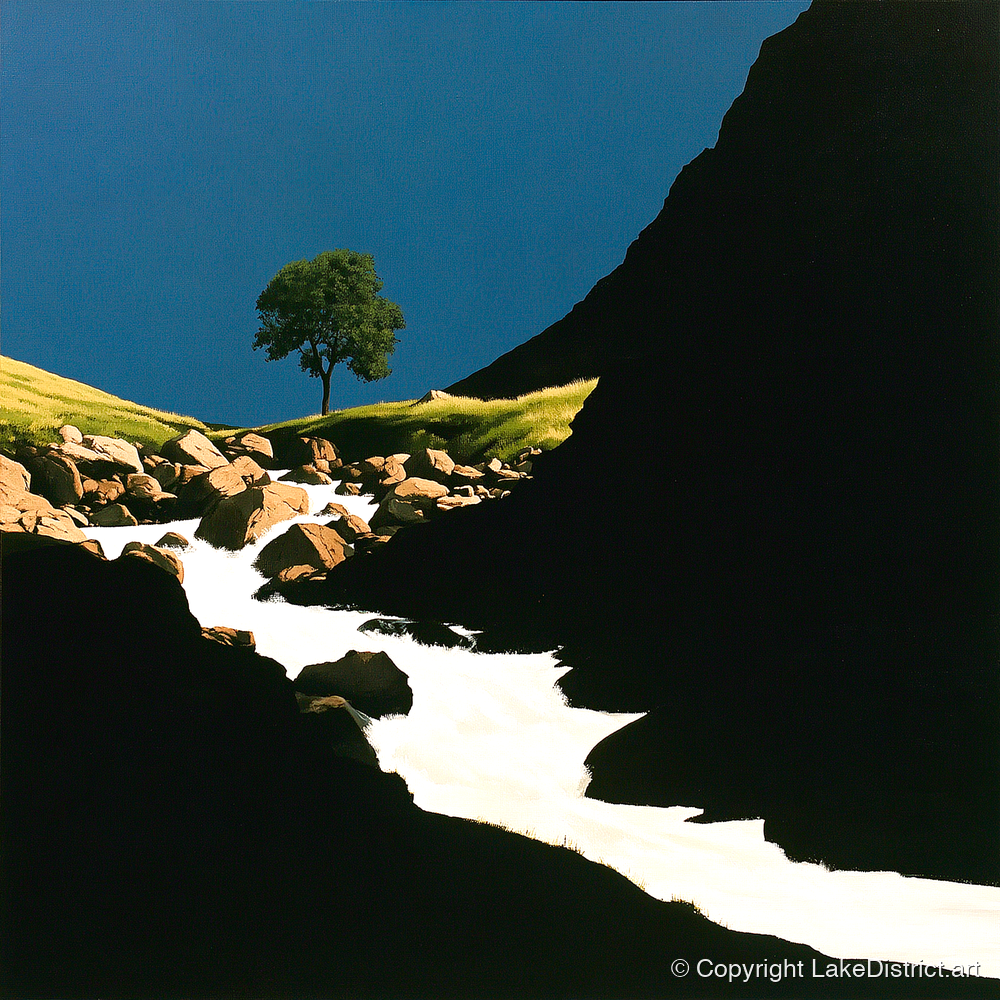 Lone Tree Above Rushing Beck - lake district waterfall art print and canvas by Adelaide Calloway A.I