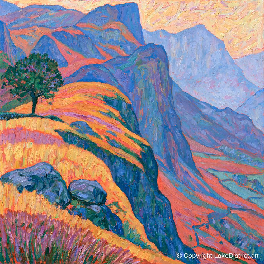 Lone Tree on Misty Mountain Ridge - lake district fell art print and canvas by Celia Harding A.I