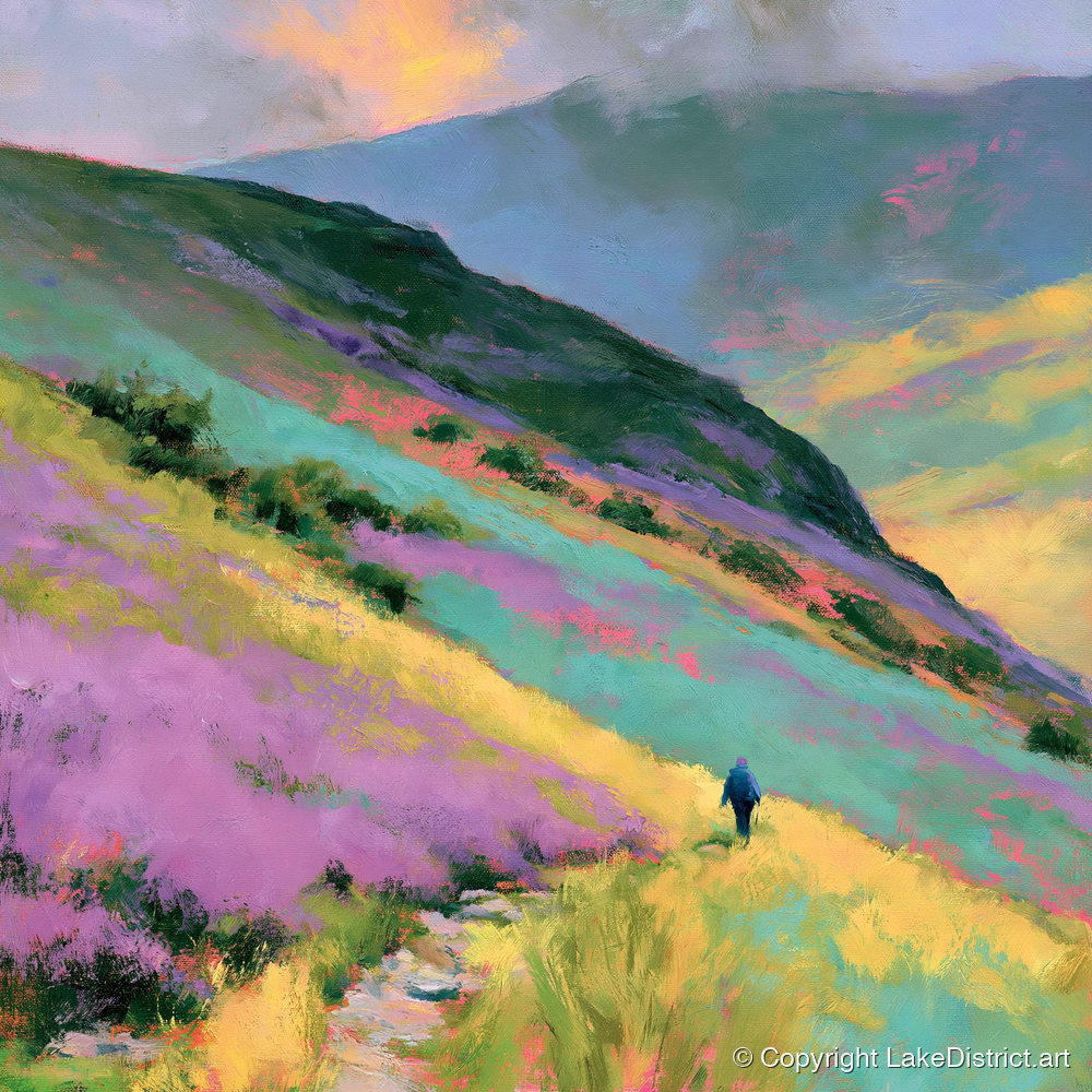 Lone Walker on Vivid Fells - lake district walking art print and canvas by Desmond Fairfax A.I