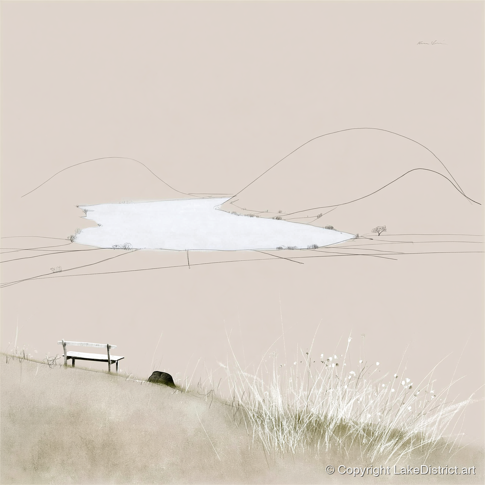 Loweswater Bench in Neutral Tones - lake district lake art print and canvas by Ellis Calder A.I