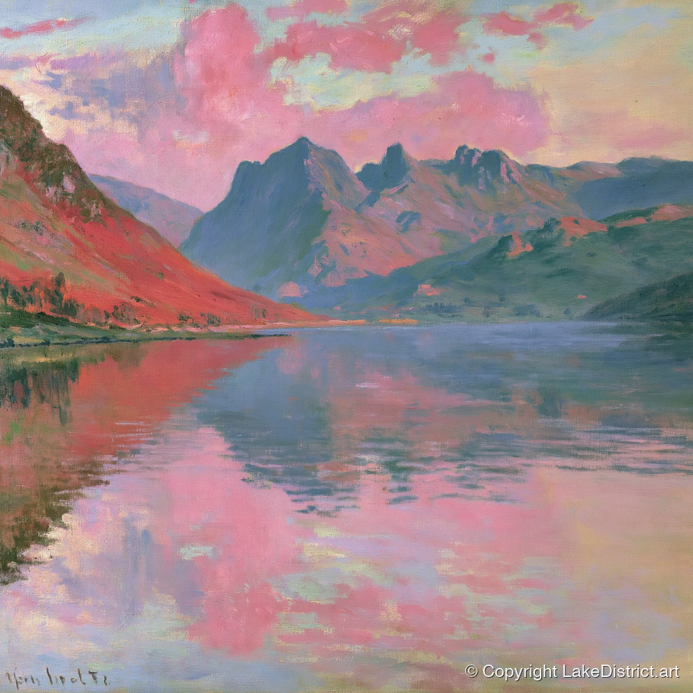 Loweswater Beneath Pink Sunset Skies - lake district lake art print and canvas by Clara Sterling A.I