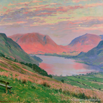 Loweswater Fells in Sunset Pink - lake district lake art print and canvas by Clara Sterling A.I