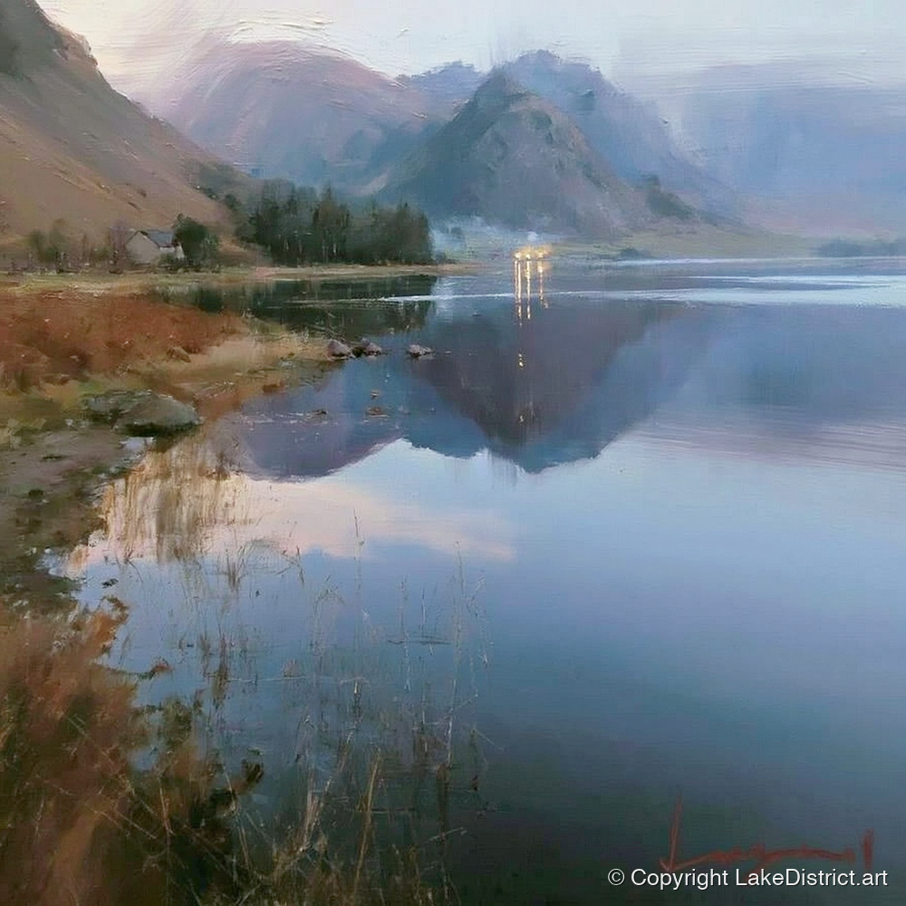 Loweswater Lake in Misty Light - lake district lake art print and canvas by Marcus Dalton A.I