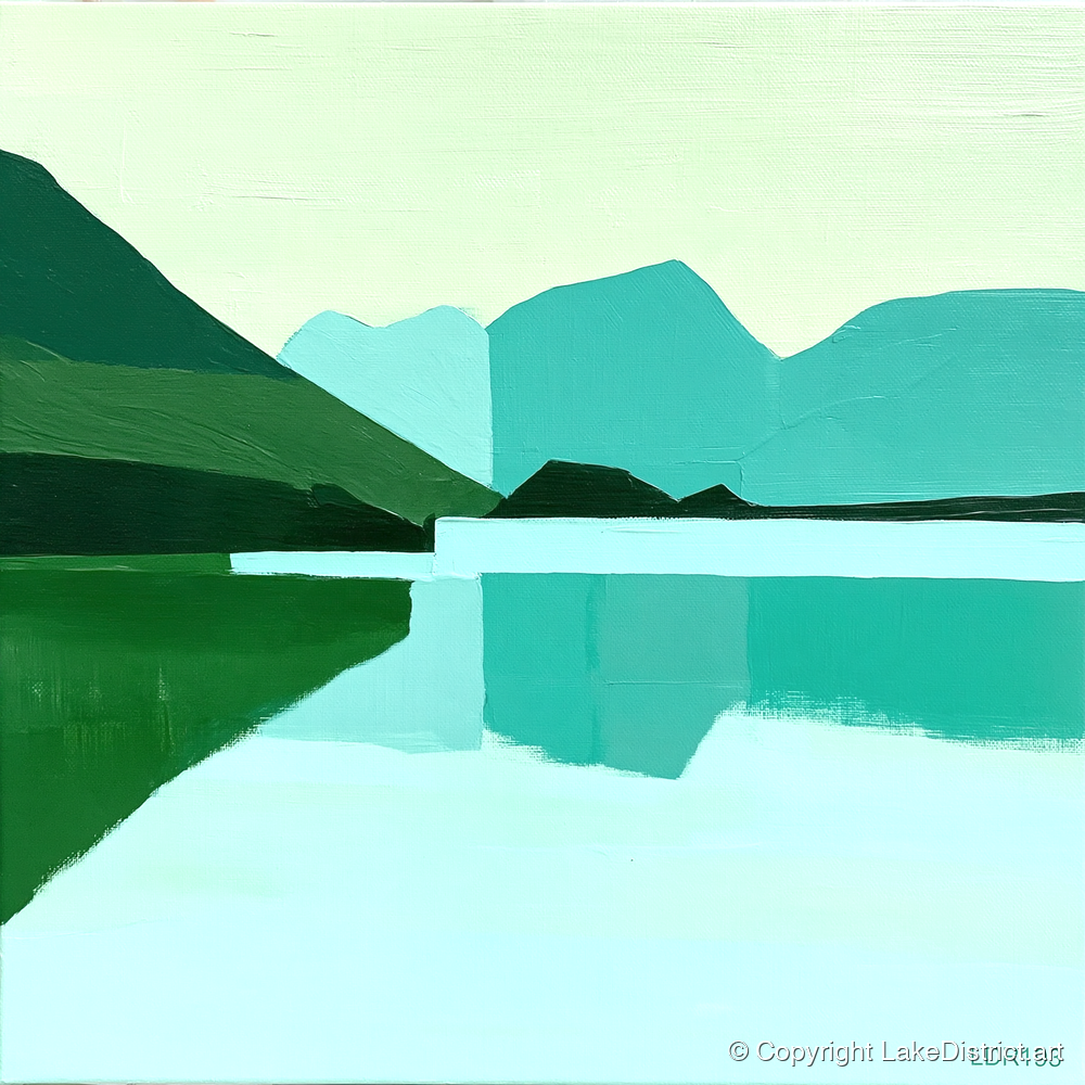 Loweswater Reflections in Bold Teal - lake district lake art print and canvas by Sebastian Finch A.I