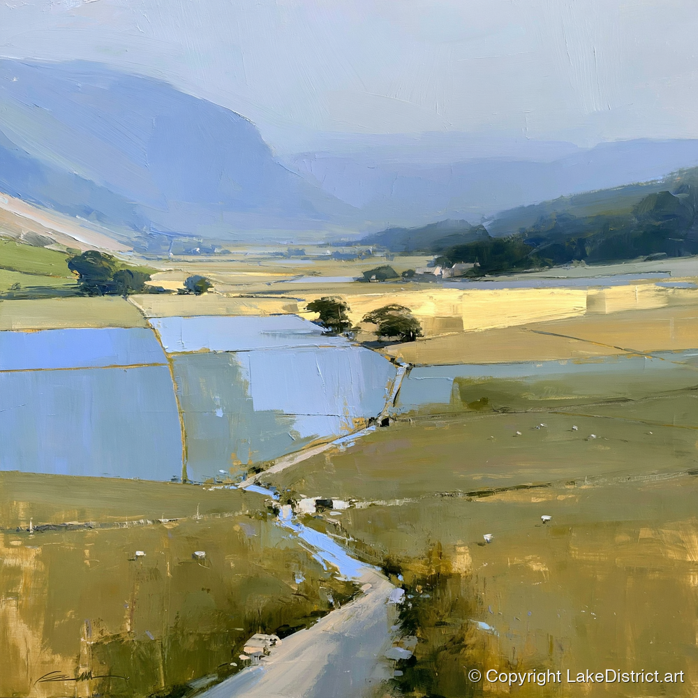 Luminous Patchwork Fields in a Dale - lake district valley art print and canvas by Elias Thorne A.I