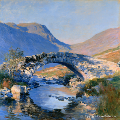 Luminous Stone Bridge Over Mountain Beck - lake district waterfall art print and canvas by Gabriel Hayes A.I