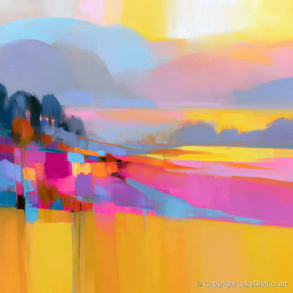 Magenta and Gold Valley Mist - lake district sky art print and canvas by Imogen Tate A.I