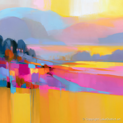 Magenta and Gold Valley Mist - lake district sky art print and canvas by Imogen Tate A.I