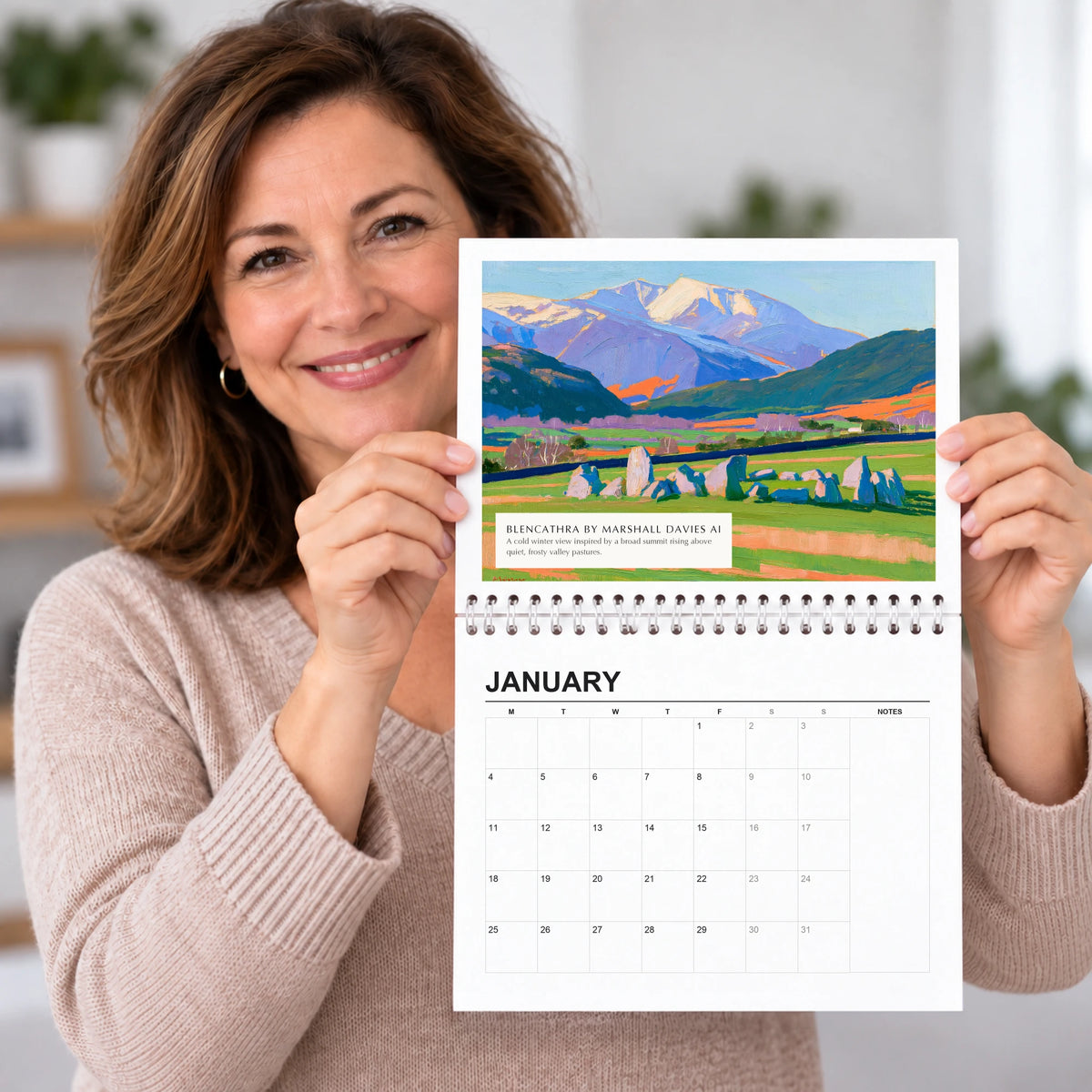 Marshall Davies 2027 wall calendar held open, painting above the dates, a Lake District gift