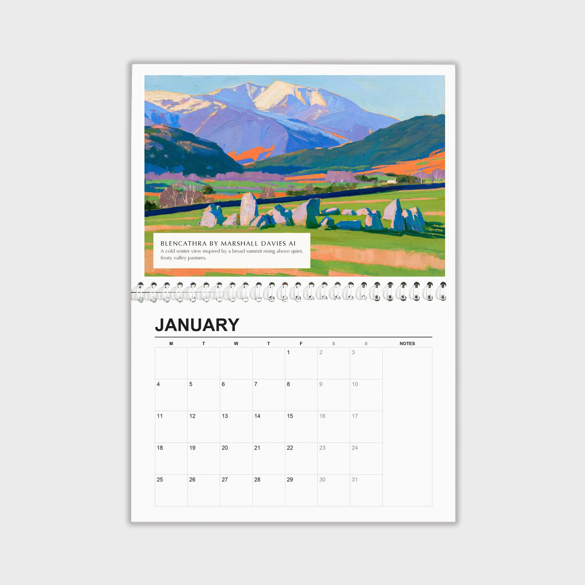 Marshall Davies 2027 wall calendar hanging open, painting above the dates