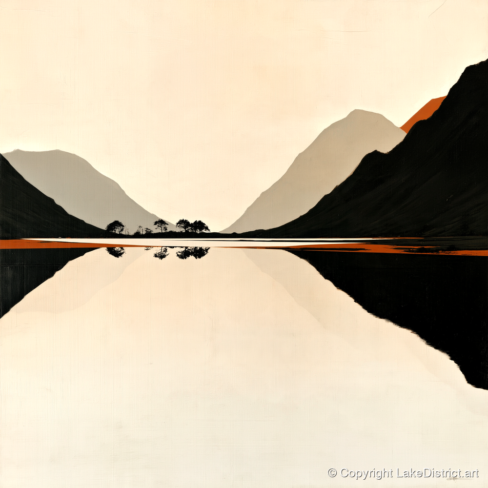 Minimalist Dawn Lake Silhouette - lake district lake art print and canvas by Barnaby West A.I
