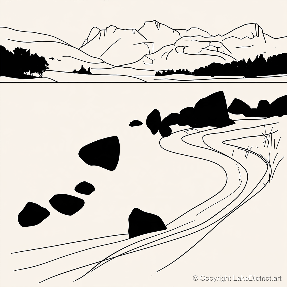 Minimalist Elterwater Scattered Rocks - lake district lake art print and canvas by Felix Chambers A.I