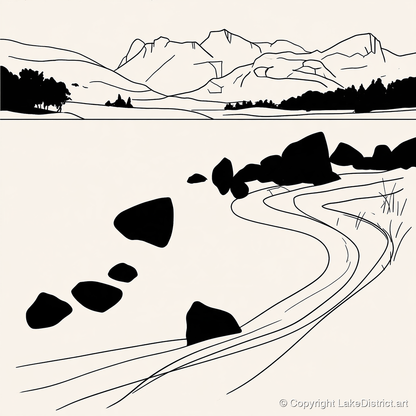 Minimalist Elterwater Scattered Rocks - lake district lake art print and canvas by Felix Chambers A.I