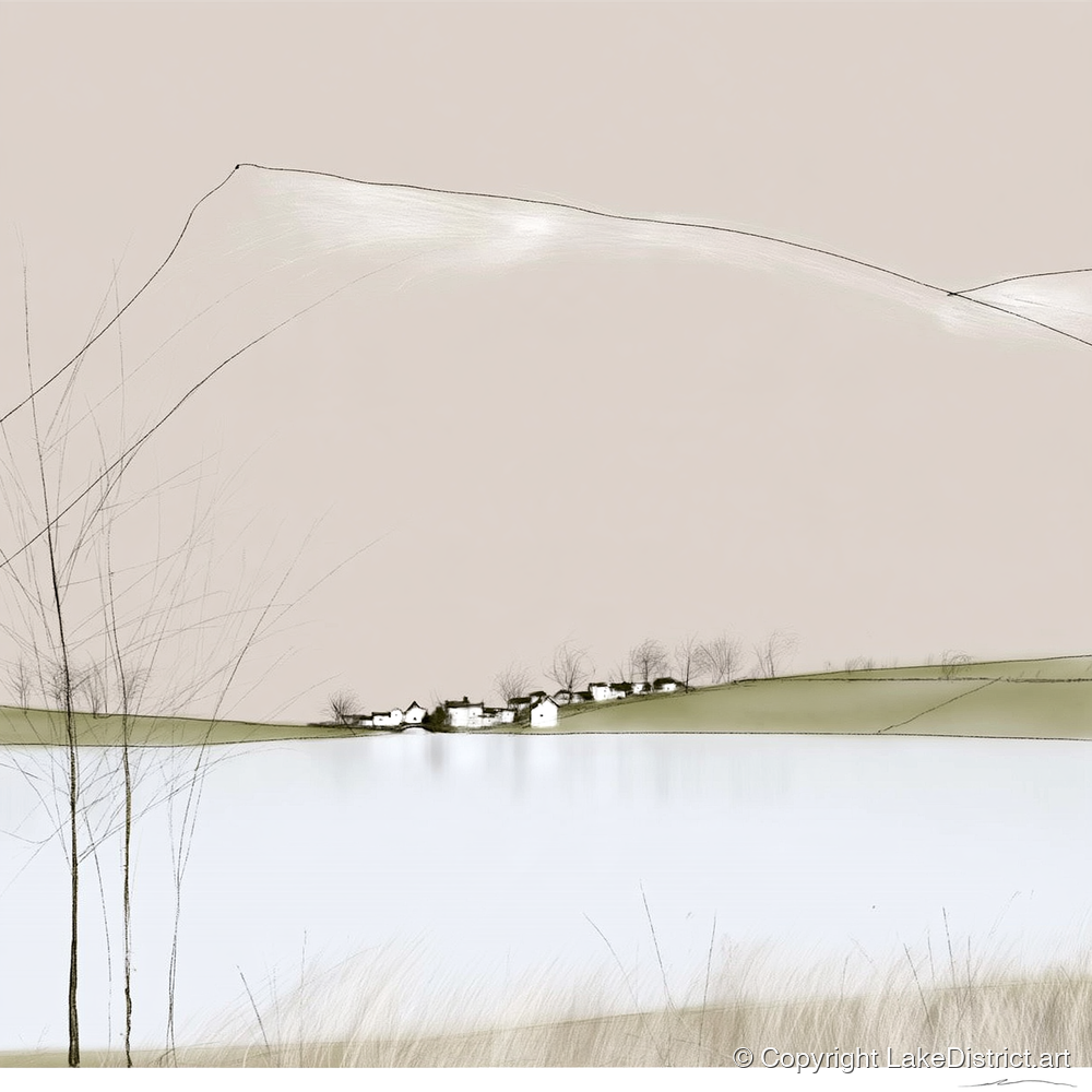 Minimalist Pooley Bridge and Lake - lake district village art print and canvas by Ellis Calder A.I