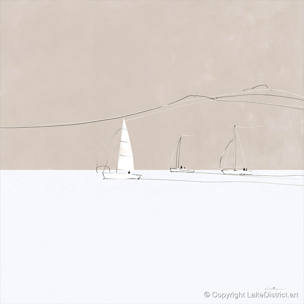 Minimalist Sailboats and Distant Fells - lake district walking art print and canvas by Ellis Calder A.I