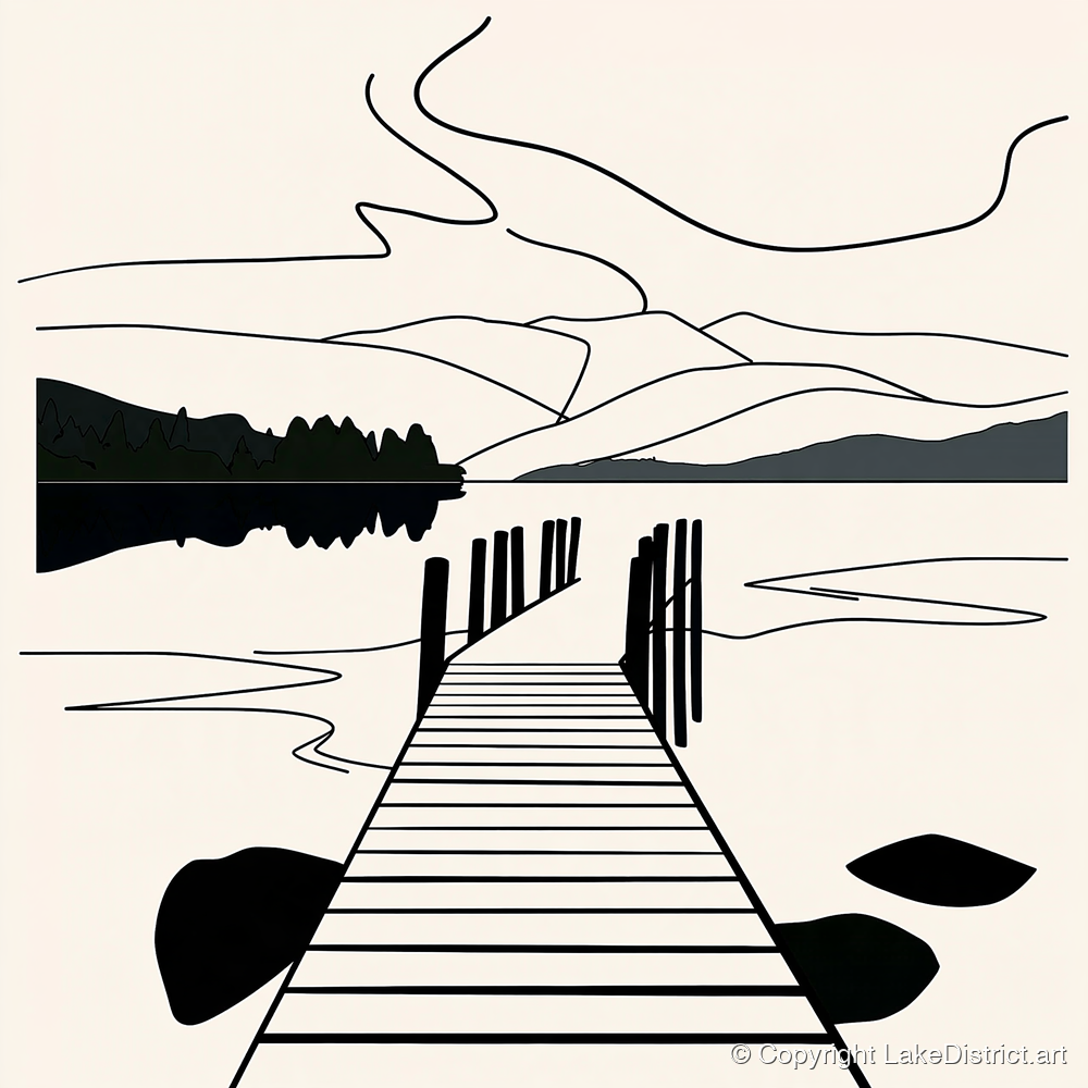 Minimalist Waterhead Jetty Ambleside - lake district village art print and canvas by Felix Chambers A.I