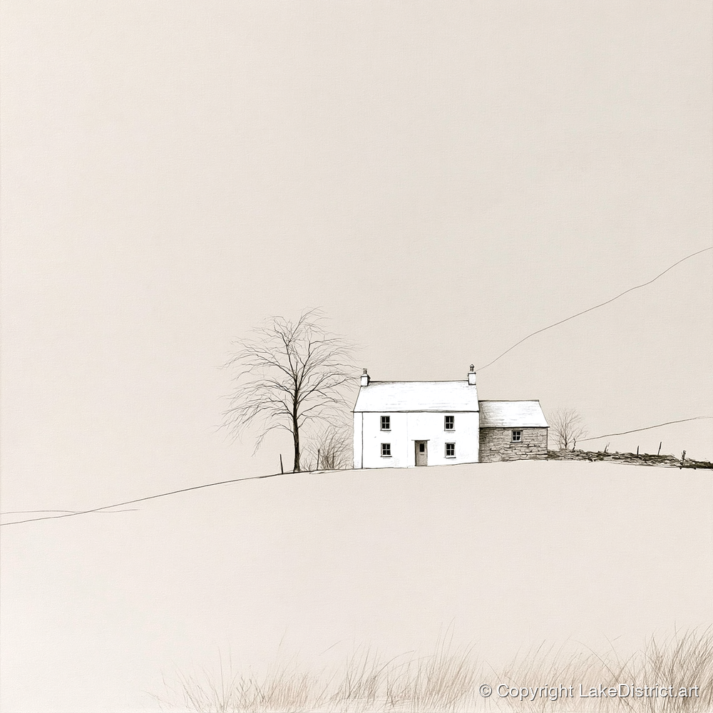 Minimalist White Fellside Cottage - lake district village art print and canvas by Ellis Calder A.I