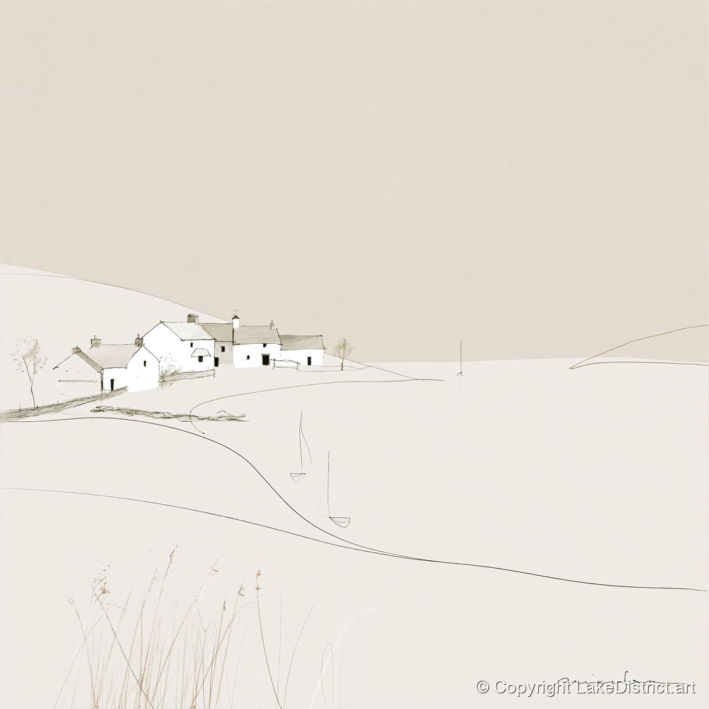Minimalist White Lakeside Village - lake district village art print and canvas by Ellis Calder A.I