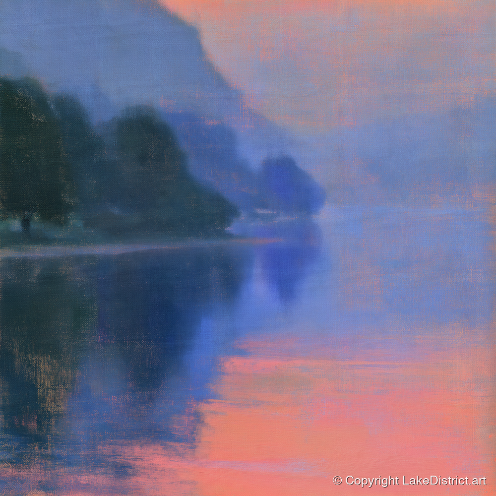 Misty Lake in Peach Light - lake district lake art print and canvas by Theodore Vance A.I