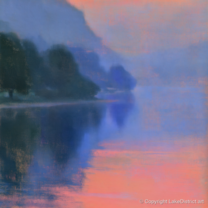 Misty Lake in Peach Light - lake district lake art print and canvas by Theodore Vance A.I