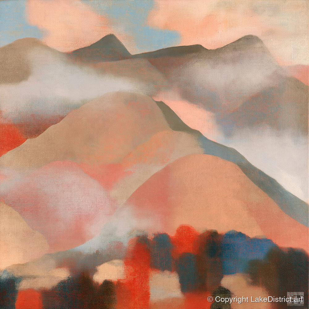 Misty Mountain Ridge In Coral - lake district fell art print and canvas by Arthur Pendelton A.I