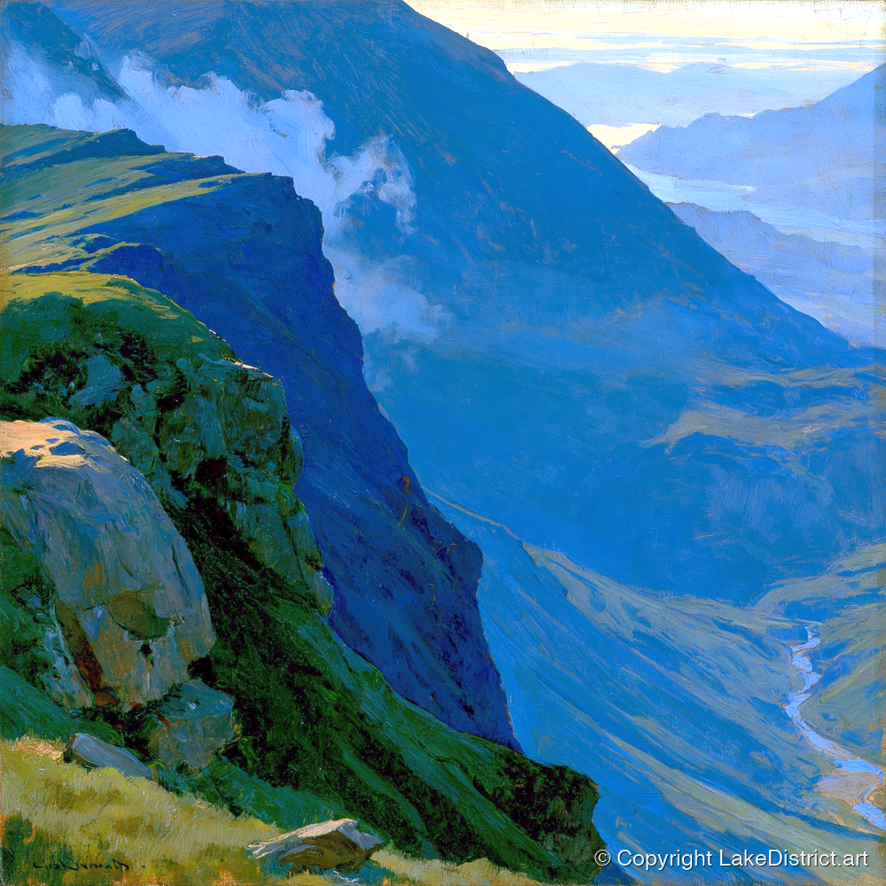 Misty Ridge Above Blue Valley - lake district fell art print and canvas by Percival Kent A.I