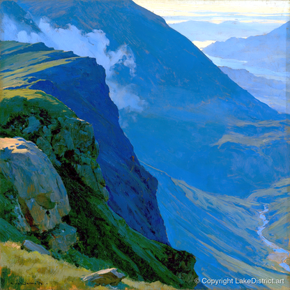 Misty Ridge Above Blue Valley - lake district fell art print and canvas by Percival Kent A.I