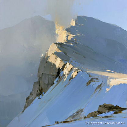 Misty Ridge in Golden Light - lake district fell art print and canvas by Elias Thorne A.I
