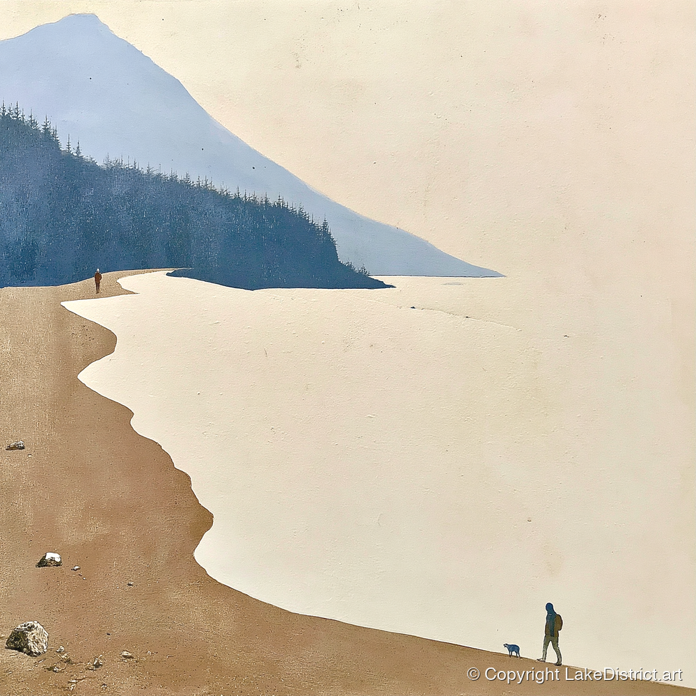 Misty Shoreline Walk with Dog - lake district lake art print and canvas by Phillip Marbury A.I