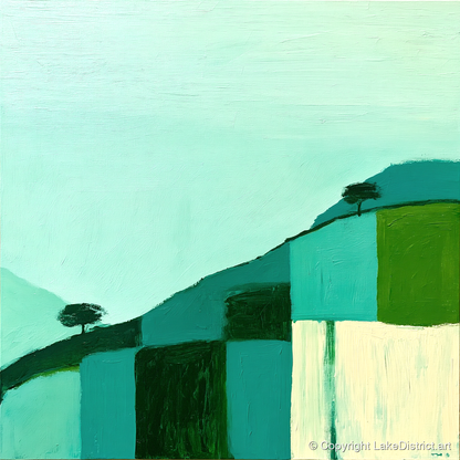 Misty Teal Mountain Ridge - lake district fell art print and canvas by Sebastian Finch A.I