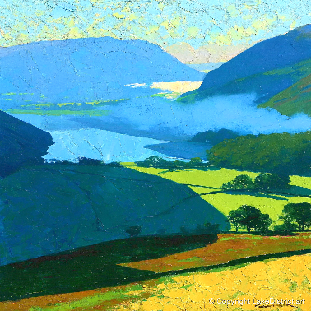 Misty Valley and Sunlit Lakeland Fields - lake district sky art print and canvas by Daphne Morley A.I