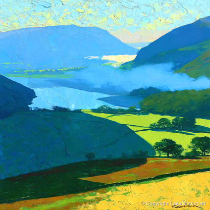 Misty Valley and Sunlit Lakeland Fields - lake district sky art print and canvas by Daphne Morley A.I