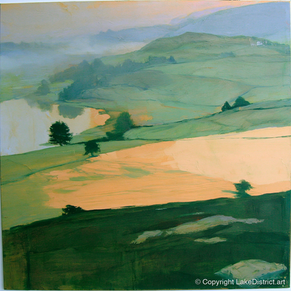 Misty Valley In Apricot Light - lake district sky art print and canvas by Emerson Grey A.I