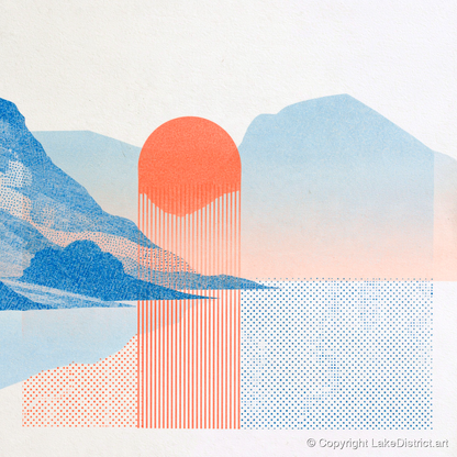 Modern Buttermere in Coral and Blue - lake district lake art print and canvas by Elliot Reid A.I