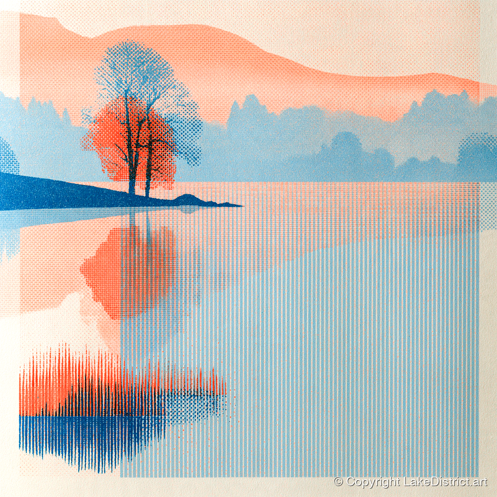 Modern Coral Lake Dawn - lake district lake art print and canvas by Elliot Reid A.I