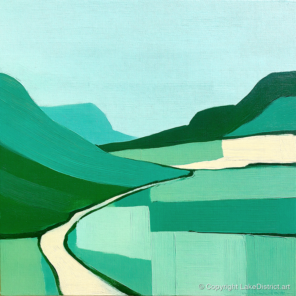 Modern Green Hardknott Pass - lake district valley art print and canvas by Sebastian Finch A.I