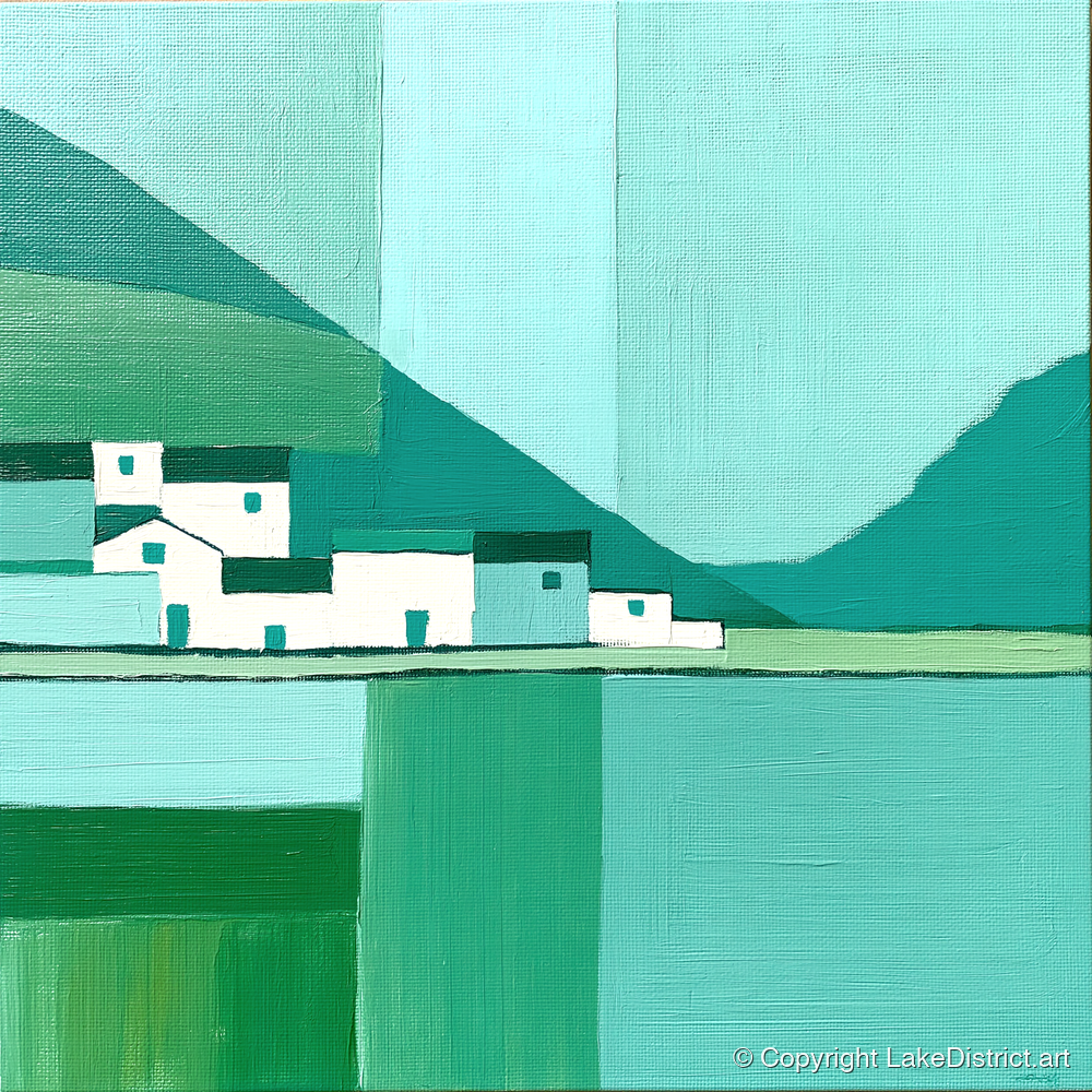 Modern Lakeside Village in Teal - lake district village art print and canvas by Sebastian Finch A.I