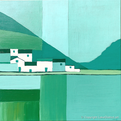 Modern Lakeside Village in Teal - lake district village art print and canvas by Sebastian Finch A.I