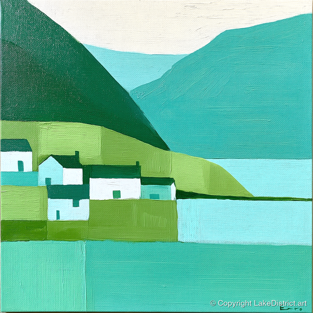 Modern Teal Lakeside Village - lake district village art print and canvas by Sebastian Finch A.I
