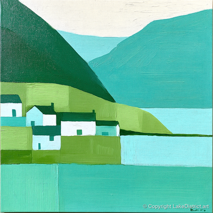 Modern Teal Lakeside Village - lake district village art print and canvas by Sebastian Finch A.I
